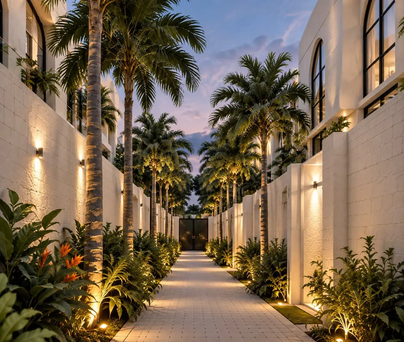 Palm-lined walkway between the Bali Villas at dusk