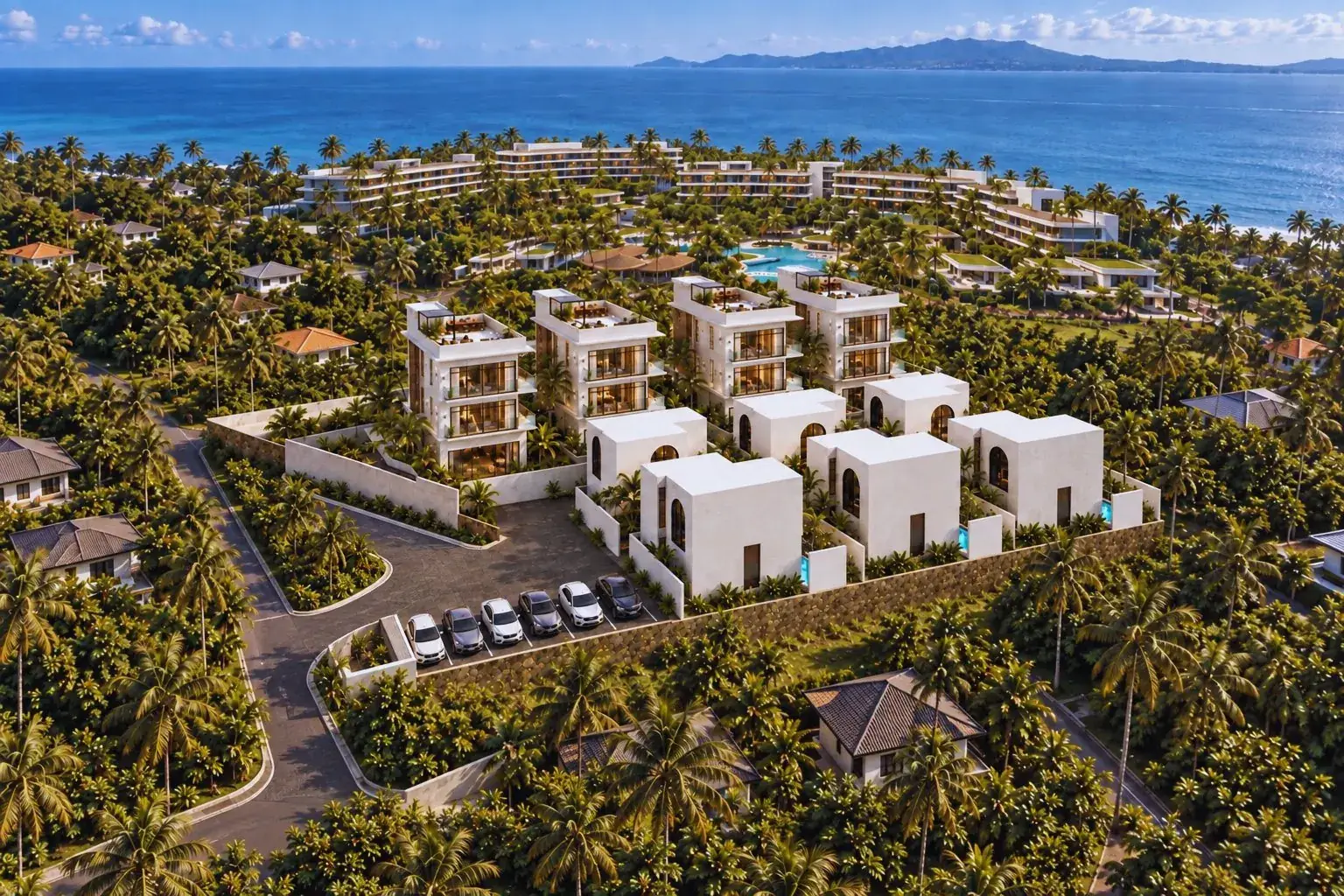 Aerial view of the Prime Villas community with the sea beyond